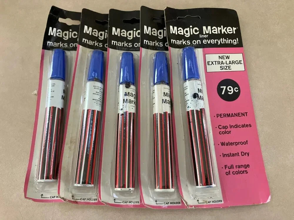 Lot 5 NEW Vintage MAGIC MARKER Large BLUE Ink Waterproof Permanent Ink PEN USA